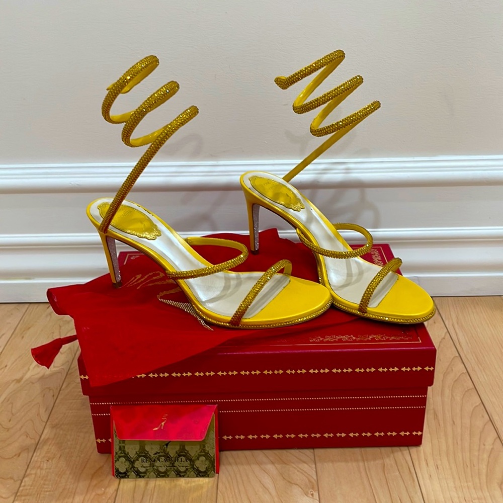 Rene Caovilla Yellow Spiral-Ankle Stiletto Sandals